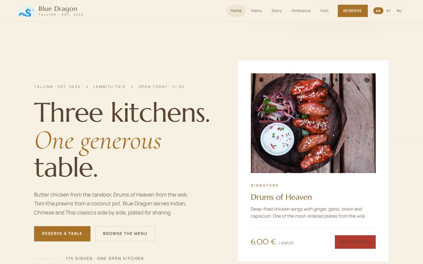 Blue Dragon: the restaurant homepage with the signature dish card and reservation buttons