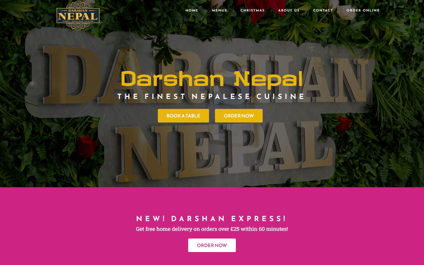 Darshan Nepal: the restaurant homepage with booking and order buttons
