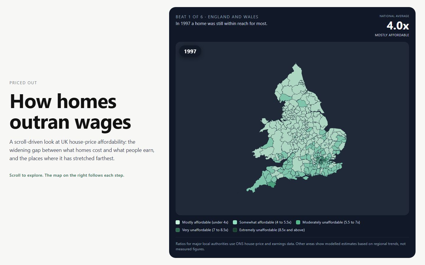 Priced Out: a choropleth map of England and Wales affordability next to the opening story step