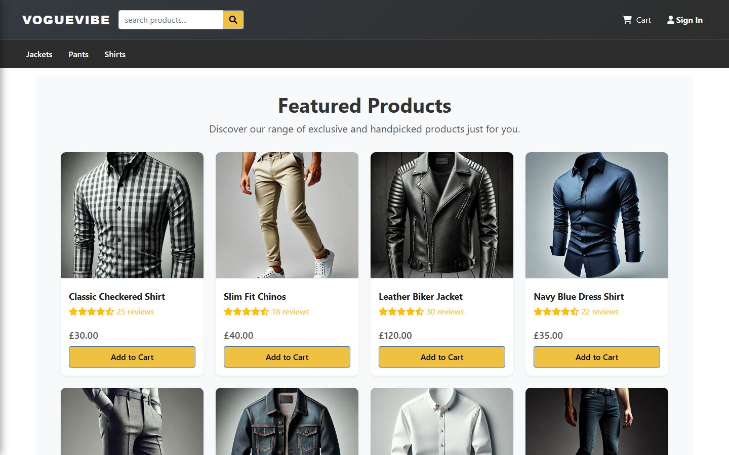 VogueVibe: the storefront grid of featured products with prices and add-to-cart buttons