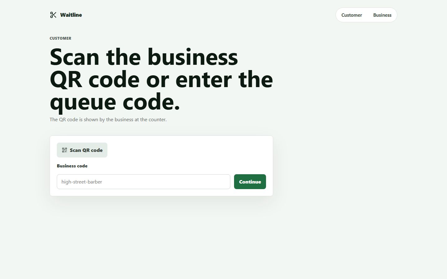 Waitline: the customer page asking for the business QR code or queue code